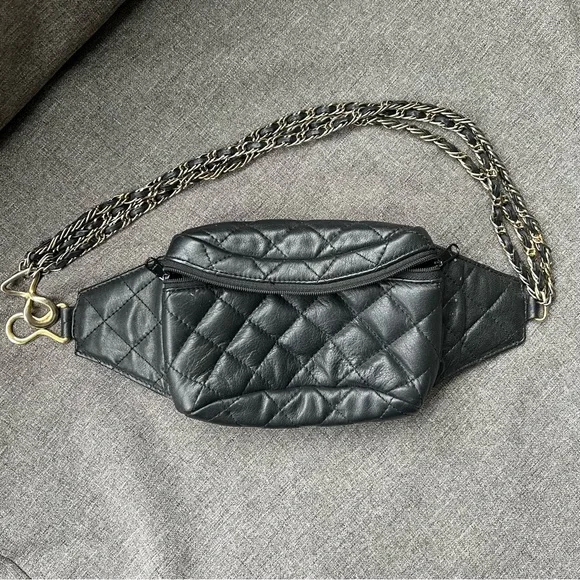 Vintage Black Quilted Chain Strap Waist Belt Bag - Picture 1 of 5